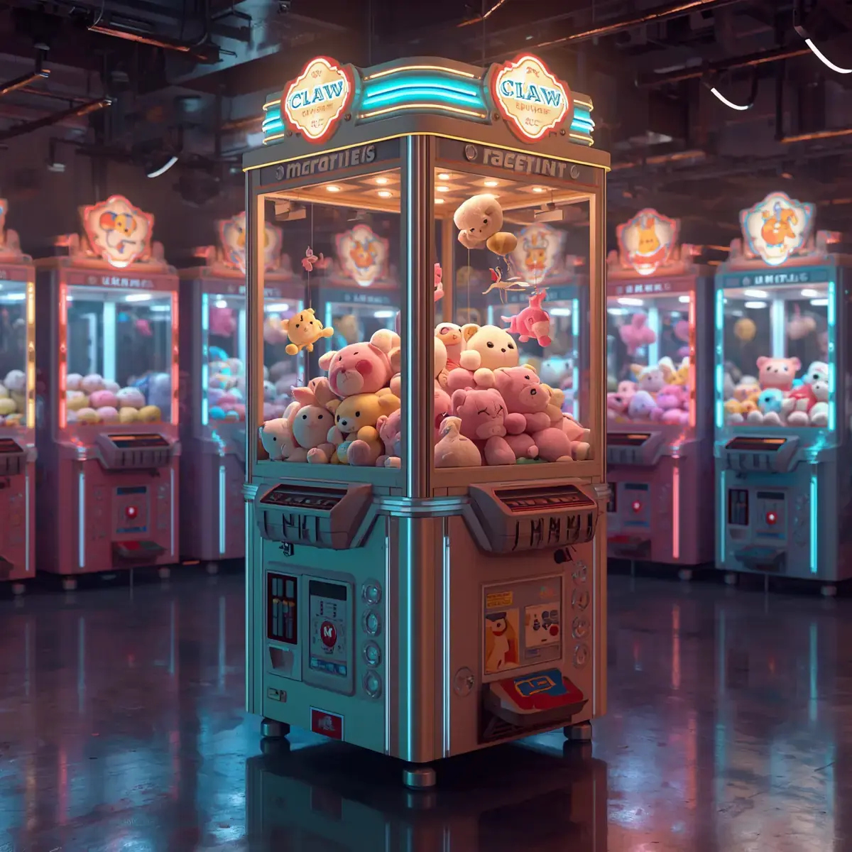 Realistic claw machine arcade game filled with plush toys and prizes